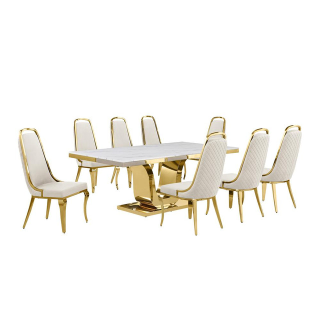 9pc Large(78") marble top dining set with gold base and 8 Cream side chairs