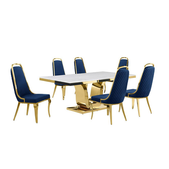 7pc Large(76") marble top dining set with gold base and 6 Navy blue chairs