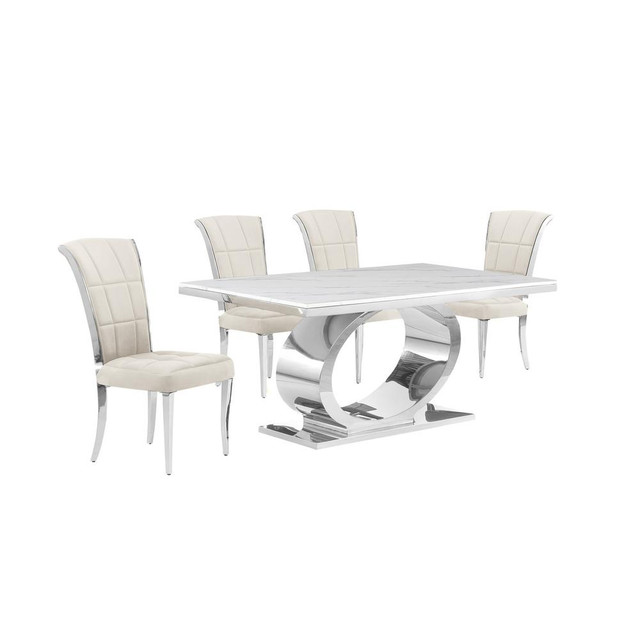 5pc Small(48") marble top dining set with silver base and 4 Cream side chairs