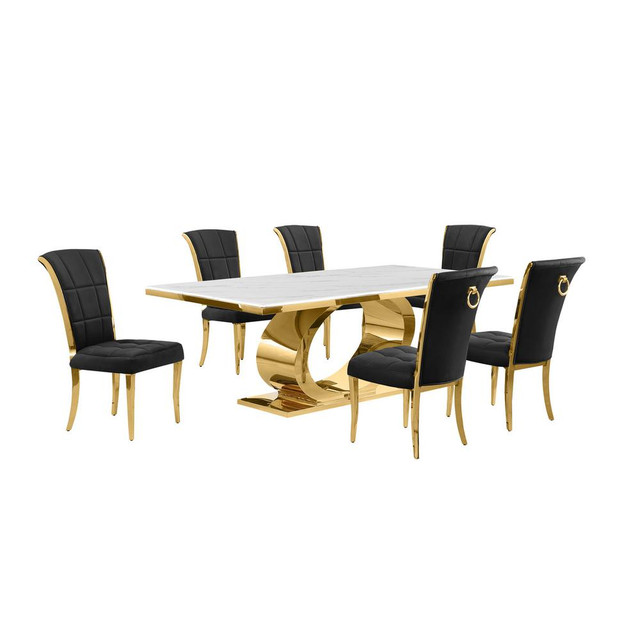 7pc Large(87") marble top dining set with gold base and 6 Black side chairs