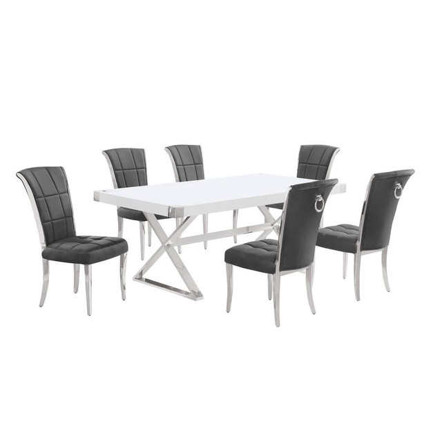 7pc Small(78") white wood top dining set with silver base and 6 chairs