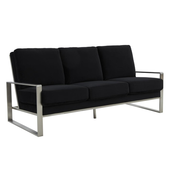 LeisureMod Jefferson Contemporary Modern Design Velvet Sofa With Silver Frame, Black