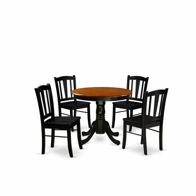 ANDL5-BLK-W - 5-Pc Kitchen Dining Room Set- 4 Dining Chairs and Kitchen Dining Table - Wooden Seat and Slatted Chair Back (Black Finish)