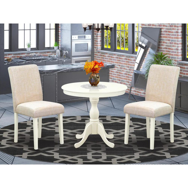 AMAB3-LWH-02 3 Pc Kitchen Table Set - 1 Pedestal Table and 2 Light Beige Parson Chairs - Linen White Finish