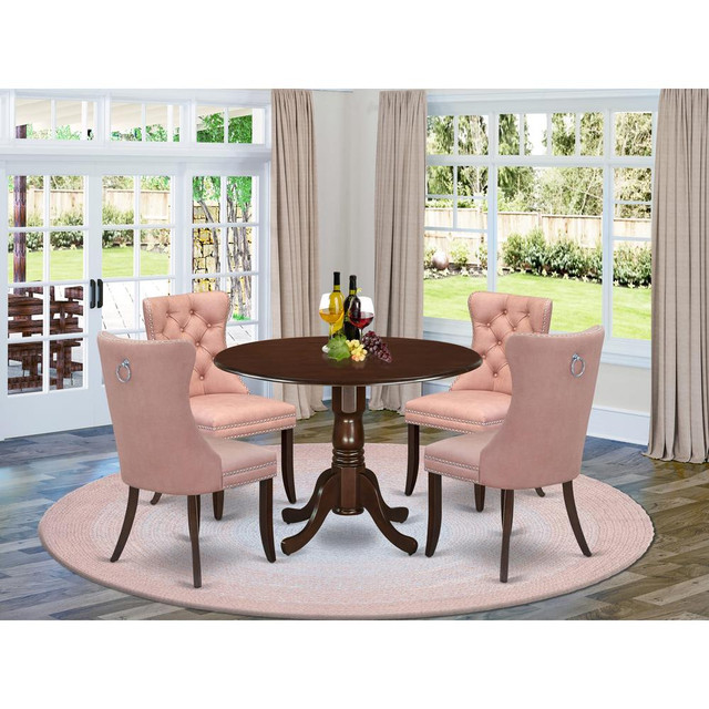 5 Piece Dining Room Set Consists of a Round Solid Wood Table with Dropleaf