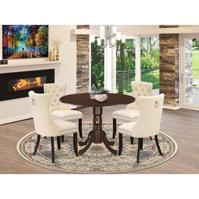 5 Piece Kitchen Table Set Contains a Round Dining Table with Dropleaf