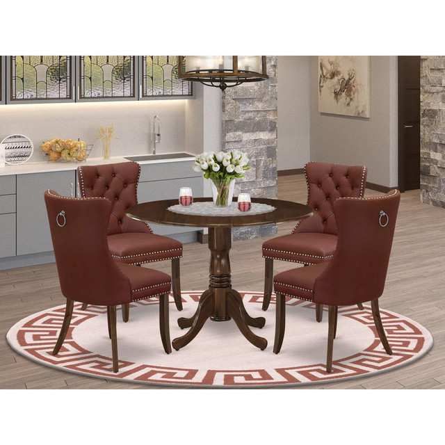 5 Piece Dinette Set Consists of a Round Kitchen Table with Dropleaf