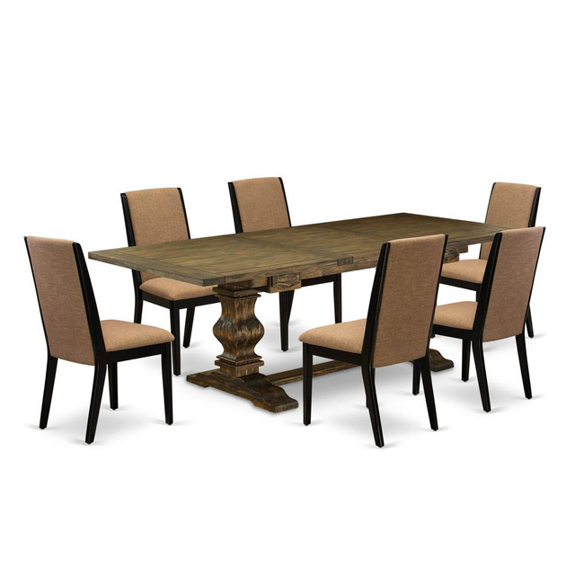 7-pc wood dining table set with Chairs Legs and Light Sable Linen Fabric