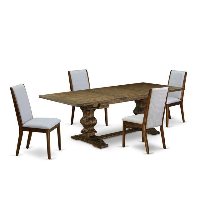 5-pc wood dining table set with Chairs Legs and Modern Gray Linen Fabric