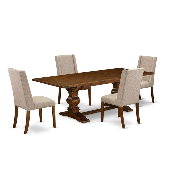 5-pc wood dining table set with Chairs Legs and Clay Linen Fabric