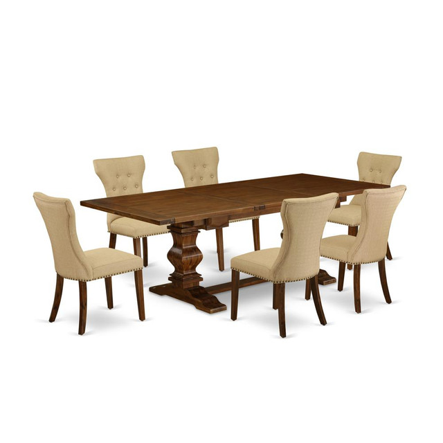 7-pc dining room table set with Chairs Legs and Brown Linen Fabric