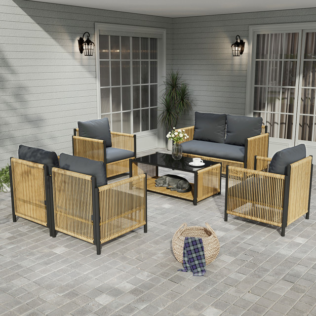 New Comming Patio 6 Pieces Brown PE Wicker Sofa Set with Grey Cushion