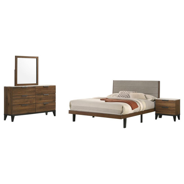 Mays 4-piece Upholstered Queen Bedroom Set Walnut Brown and Grey