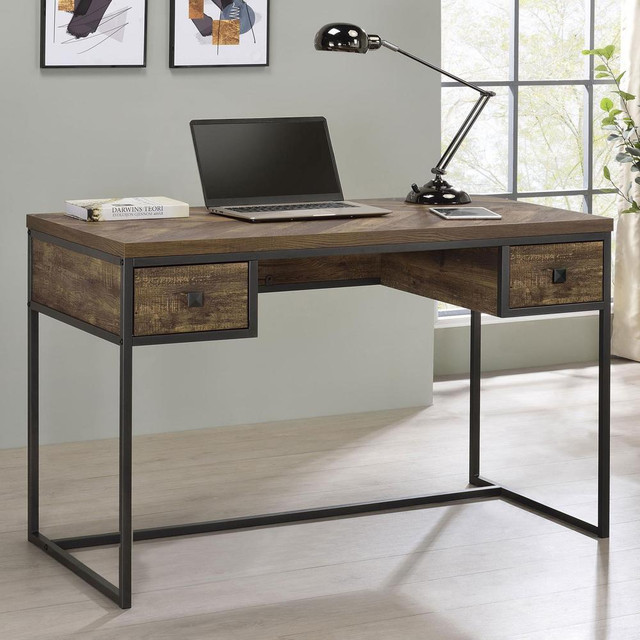 Millbrook 2-drawer Writing Desk Rustic Oak Herringbone and Gunmetal