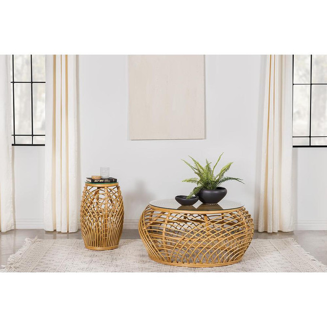 Dahlia Round Glass Top Woven Rattan Coffee Table Natural Brown