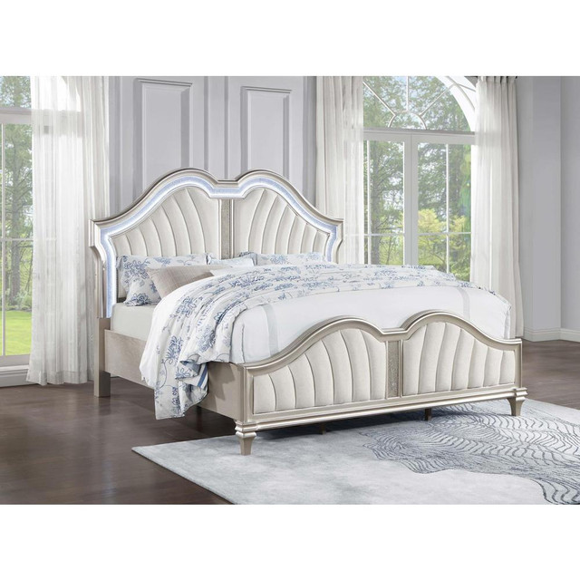 Evangeline Tufted Upholstered Platform Eastern King Bed Ivory and Silver Oak