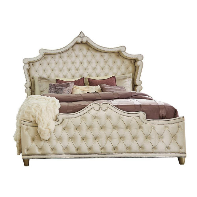 Antonella 5-Piece California King Upholstered Tufted Bedroom Set Ivory and Camel