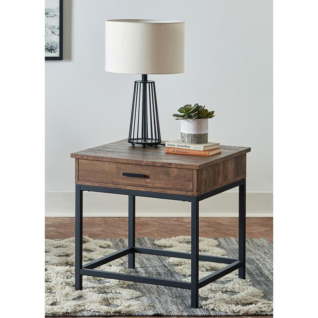 Byers Square 1-drawer End Table Brown Oak and Sandy Black