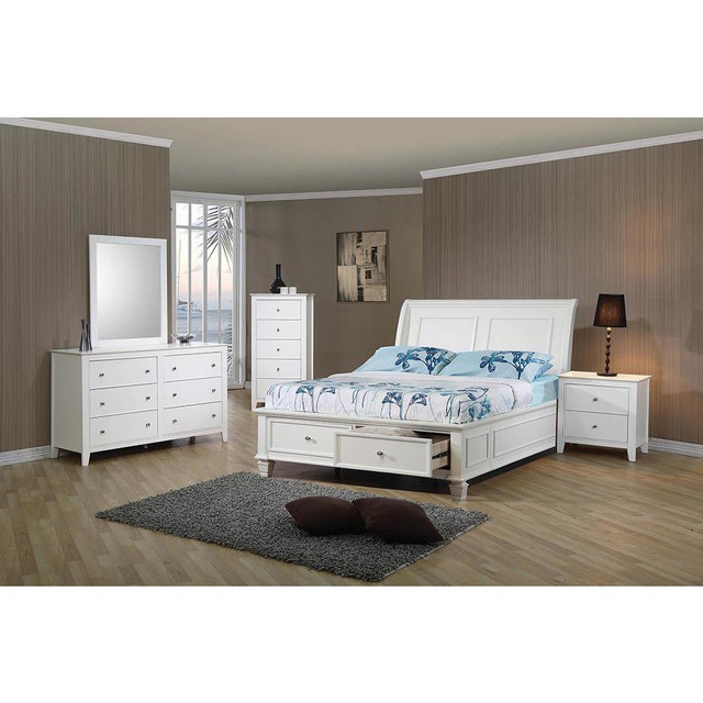 Selena Twin Sleigh Bed with Footboard Storage Cream White