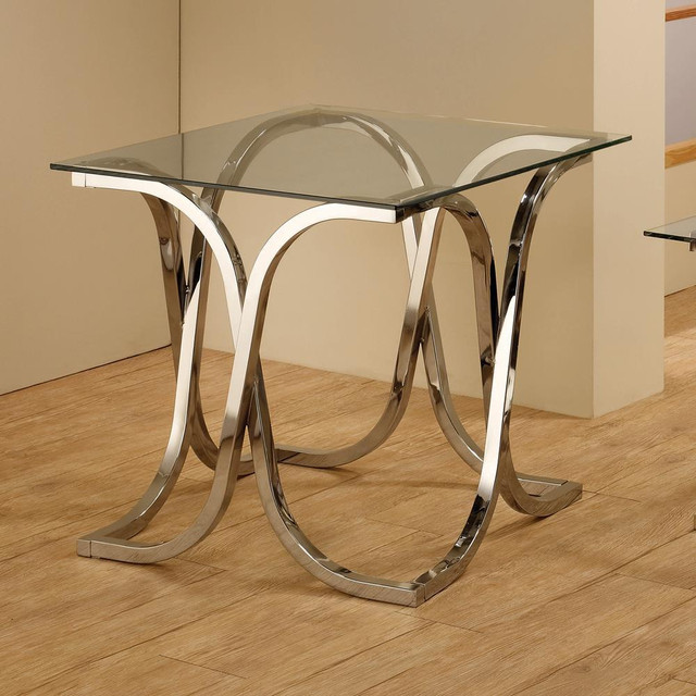 Tess Curved X-shaped End Table Nickel and Clear