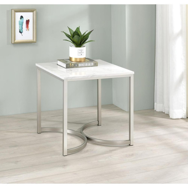 Leona Faux Marble Square End Table White and Satin Nickel