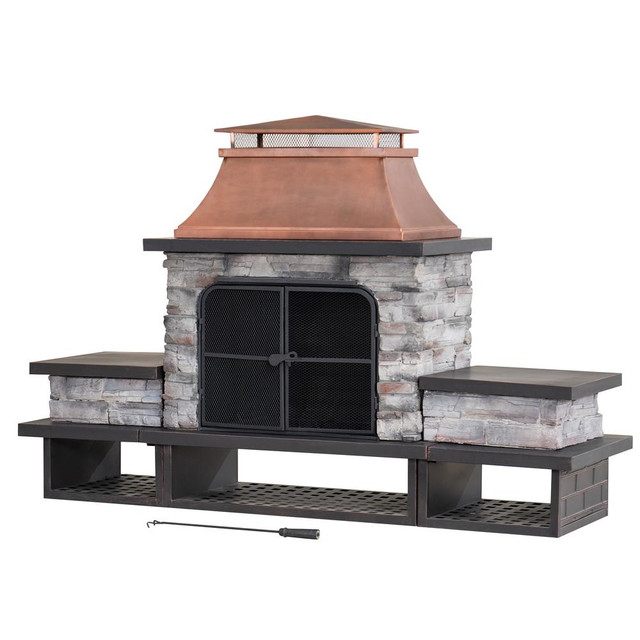Outdoor Patio Wood Burning Fireplace with Steel Chimney, Mesh Spark Screen Doors