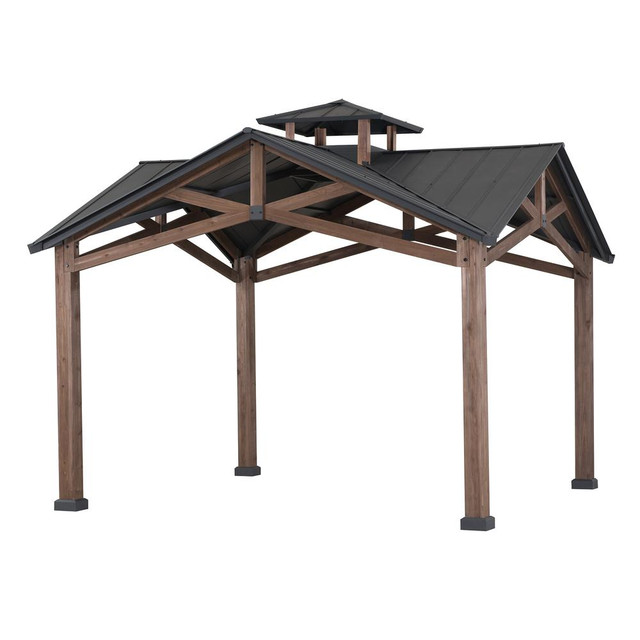 Bella Outdoor Patio Cedar Frame Gazebo with Steel 2-Tier Hardtop Roof