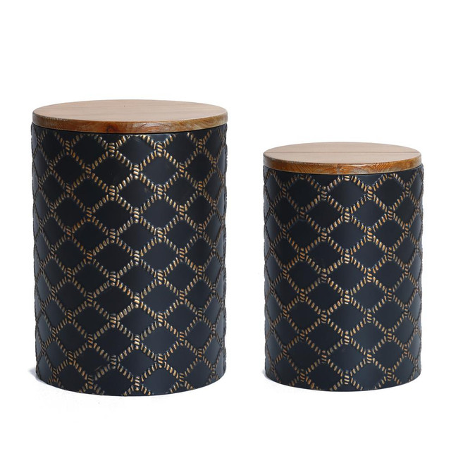 Set of 2 Black Round Metal Side and End Tables with Enclosed Storage