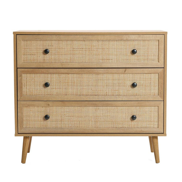 35.4" Wide 3-Drawer Rattan Light Oak Finish Wood Dresser