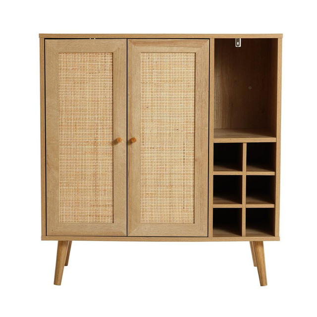 35" Tall 2-Door Rattan Light Oak Finish Wood Wine and Storage Cabinet