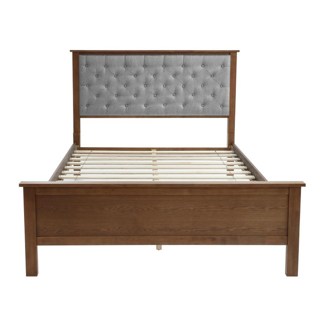 Farmhouse Gray Upholstered Queen Platform Bed Headboard and Wood Footboard Set