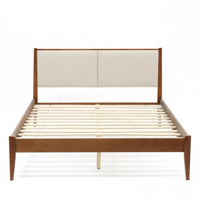 Modern Beige Upholstered Headboard and Wood Frame Platform Bed Set, Queen