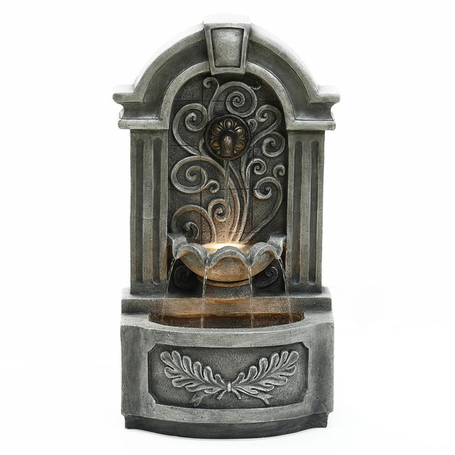 29.7" H Gray Resin Elegant Wall Freestanding Outdoor Water Fountain with Lights