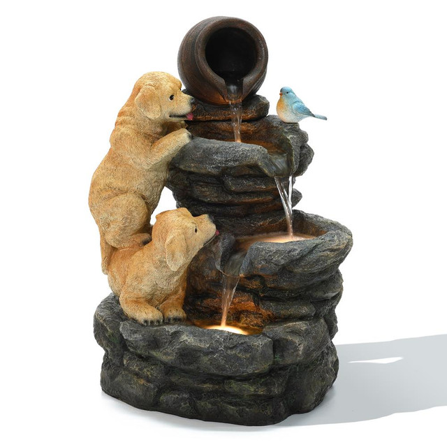 Puppy Rock Tower Farmhouse Resin Outdoor Fountain with Lights