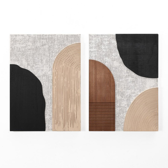 2-Pc Earth Tone Abstract Rectangular Wood Wall Decor Set