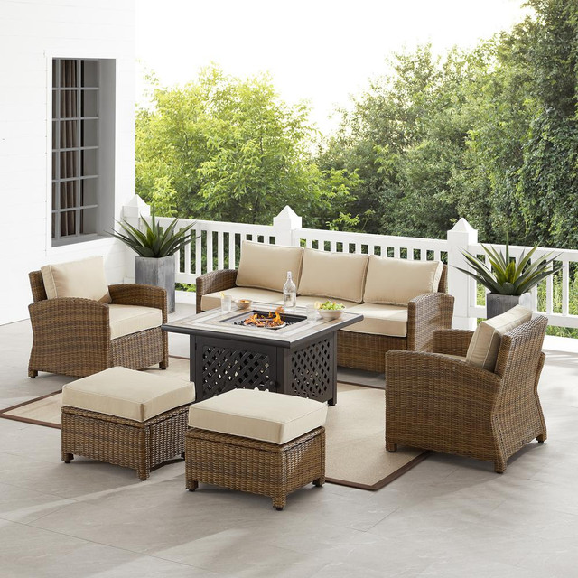 Bradenton 6Pc Outdoor Wicker Sofa Set W/Fire Table Sand/Weathered Brown - Tucson Fire Table, Sofa, 2 Armchairs & 2 Ottomans