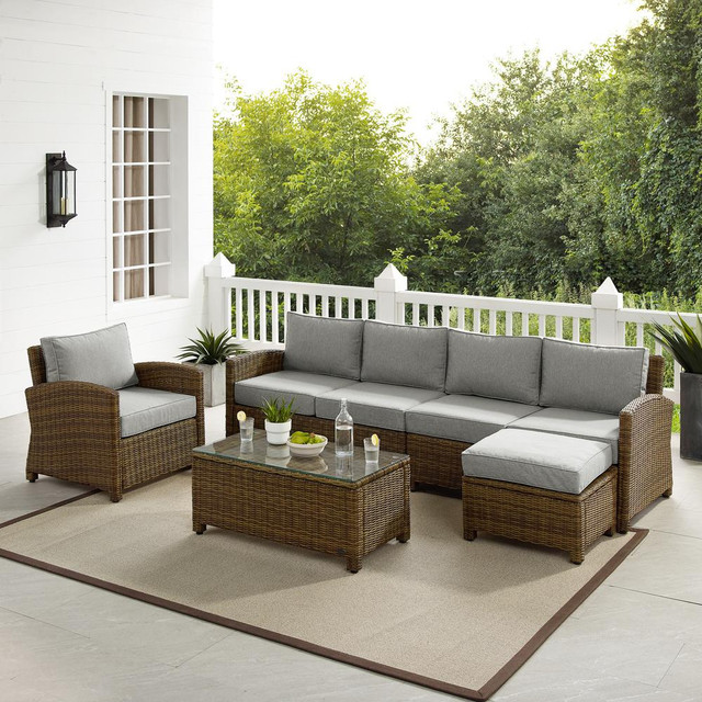 Bradenton 5Pc Outdoor Wicker Sectional Set Gray /Weathered Brown - Left Loveseat, Right Loveseat, Armchair, Coffee Table, & Ottoman