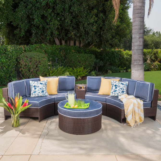 Riviera Portofino Outdoor Patio Furniture Wicker 6 Piece Semicircular Sectional Sofa Seating Set w/ Waterproof Cushions