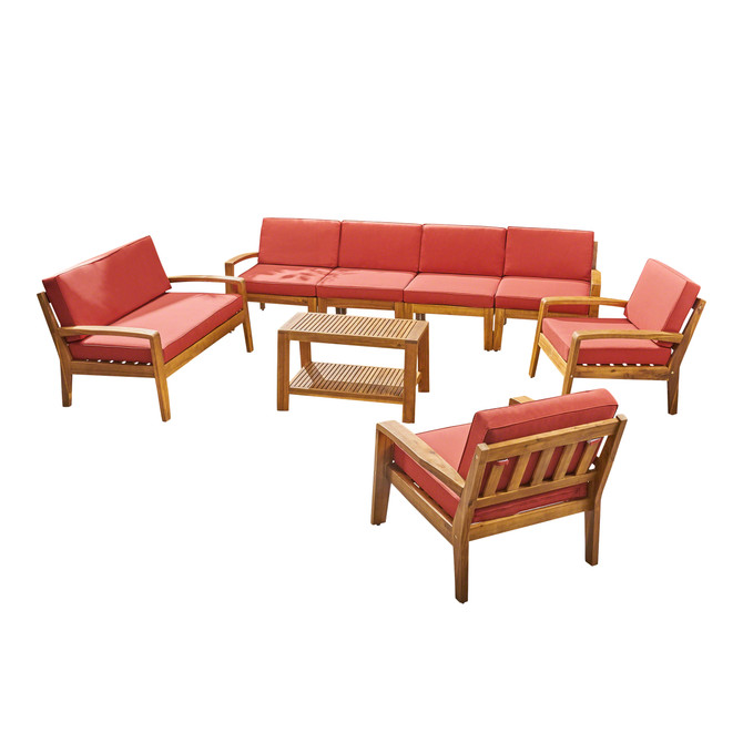 Amaryllis Sectional Sofa Set for Patio | Acacia Wood with Cushions | 4-Piece Sectional with Coffee Table, Loveseat, and Club Chairs | Teak and Red