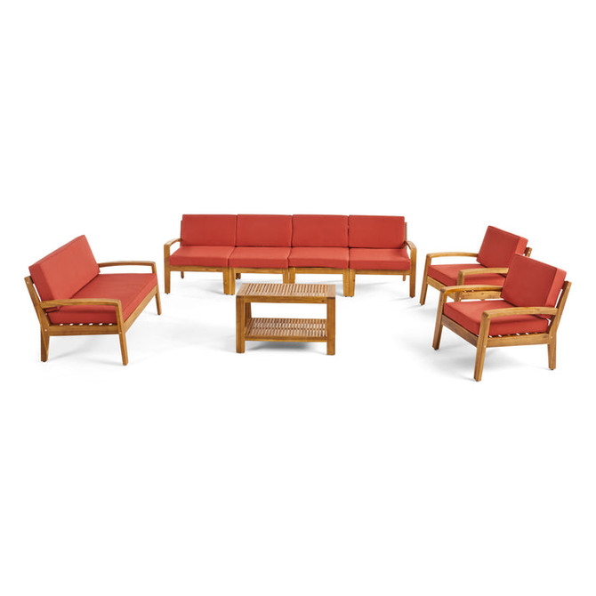 Amaryllis Sectional Sofa Set for Patio | Acacia Wood with Cushions | 4-Piece Sectional with Coffee Table, Loveseat, and Club Chairs | Teak and Red