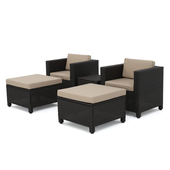 Venice Outdoor 5 Piece Dark Brown Wicker Chat Set with Beige Water Resistant Cushions