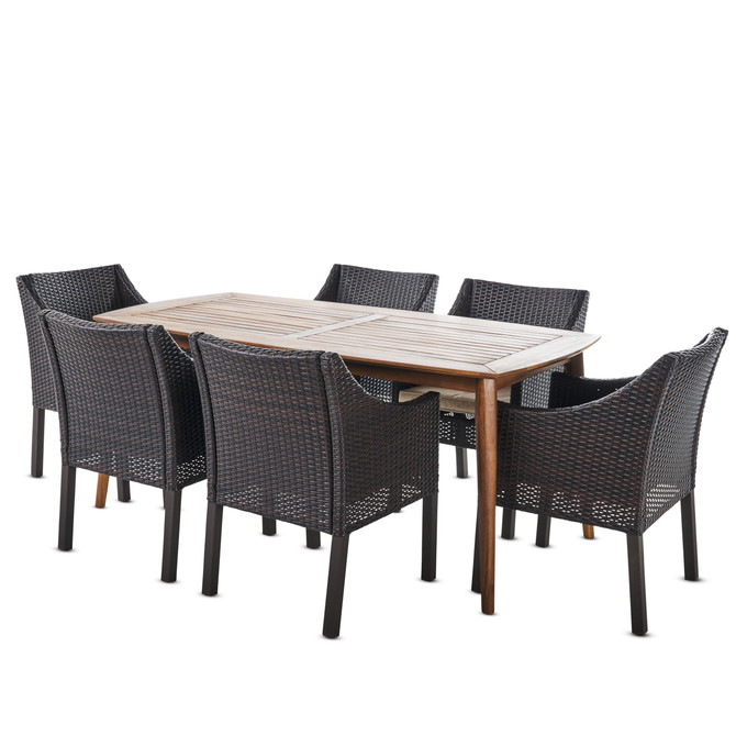 Allen Outdoor 7 Piece Multibrown Wicker Dining Set with Teak Finished Round Acacia Wood Table and Beige Water Resistant Cushions