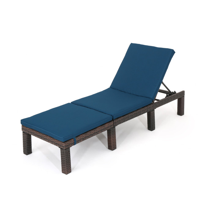 Joyce Outdoor Multibrown Wicker Chaise Lounge with Blue Water Resistant Cushion