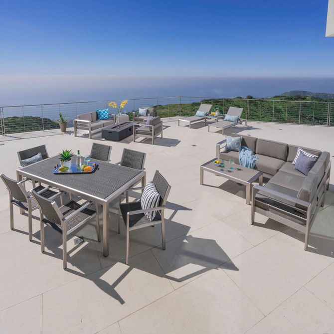 Coral Bay Outdoor Sofa and Chat Sets with a Wicker Top Dining Set, Lounges, and a Grey Firepit