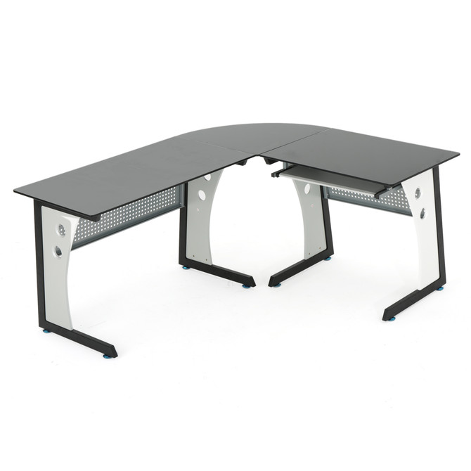 Orion L Shaped Grey Office Desk with a Black Tempered Glass Top