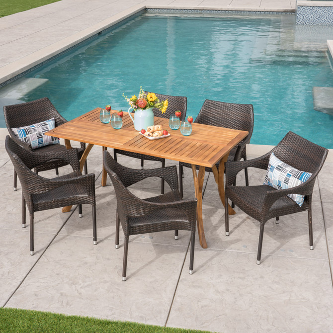 Zoey Outdoor 7 Piece Acacia Wood/ Wicker Dining Set, Teak Finish and Multibrown