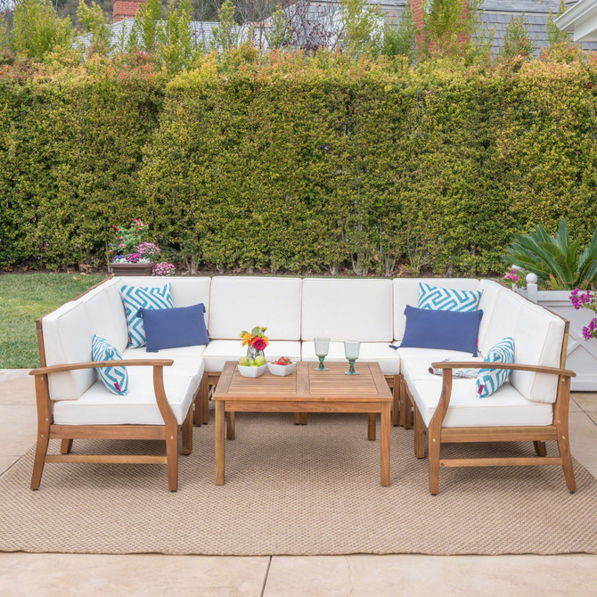 Lorelei Outdoor 8 Seater Teak Finished Acacia Wood Sectional Sofa and Table Set with Cream Water Resistant Cushions