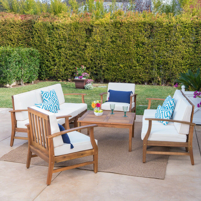 Lorelei Outdoor 8 Seater Teak Finished Acacia Wood Double Sofa and Club Chair Set with Cream Water Resistant Cushions