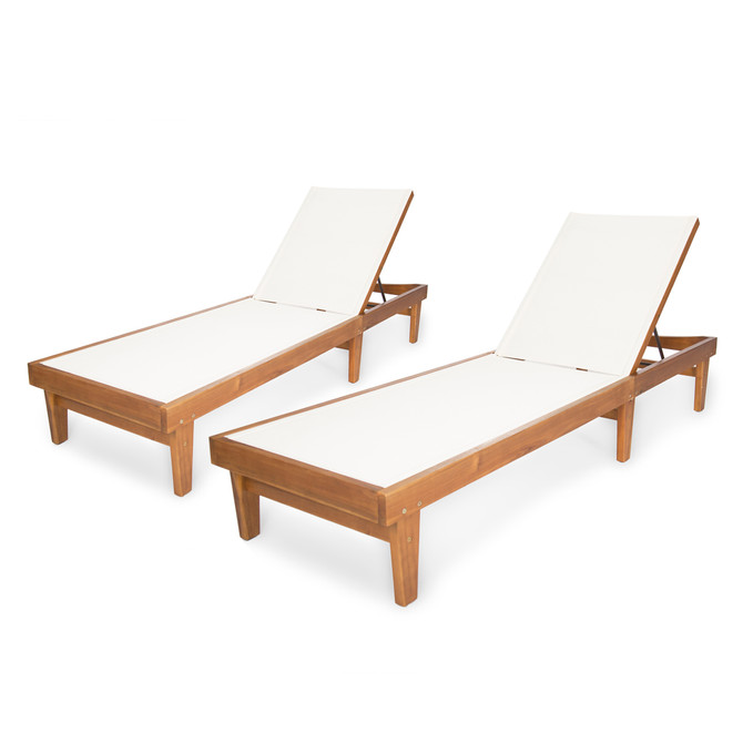 Shiny Outdoor Mesh and Wood Chaise Lounge (Set of 2), White Mesh and Teak