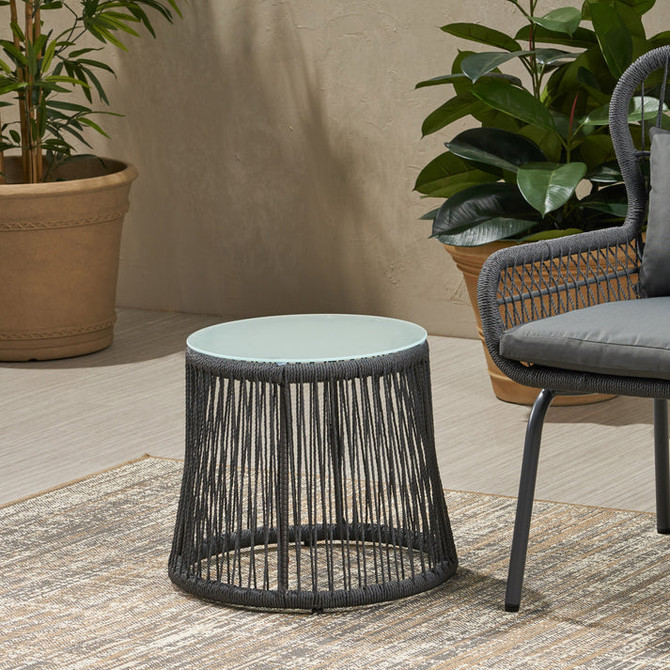 Karen Outdoor Side Table, Steel and Rope, Tempered Glass Table Top, Boho, Dark Gray